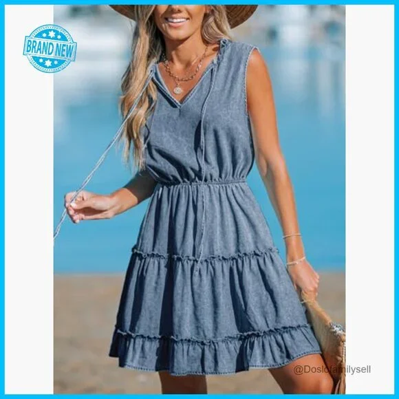 Denim Mini Dress Ruffled Sleeveless V Neck Split Casual Summer Chic - Picture 4 of 5